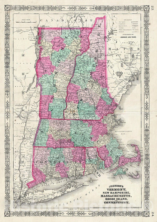 Historic Map : Johnson Map of New England: Maine, Vermont, New Hampshire, Massachusetts, Connecticut, 1864, Vintage Wall Art