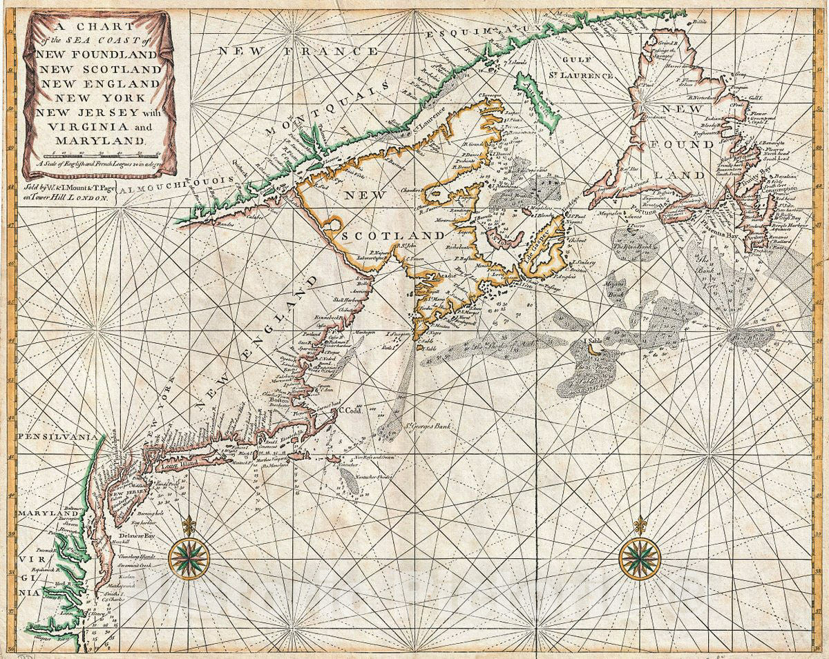 Historic Map : Mount and Page Map of The Chesapeake Bay, New York, New England and Canada Coast, 1750, Vintage Wall Art