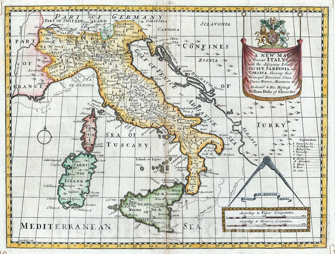 Historic Map : Wells Map of Italy, 1712, Vintage Wall Art