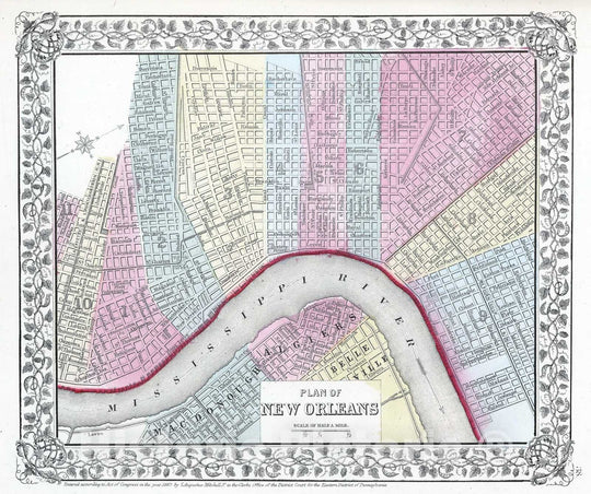 Historic Map : Mitchell Plan or Antique Map of New Orleans, Louisiana, 1867, Vintage Wall Art