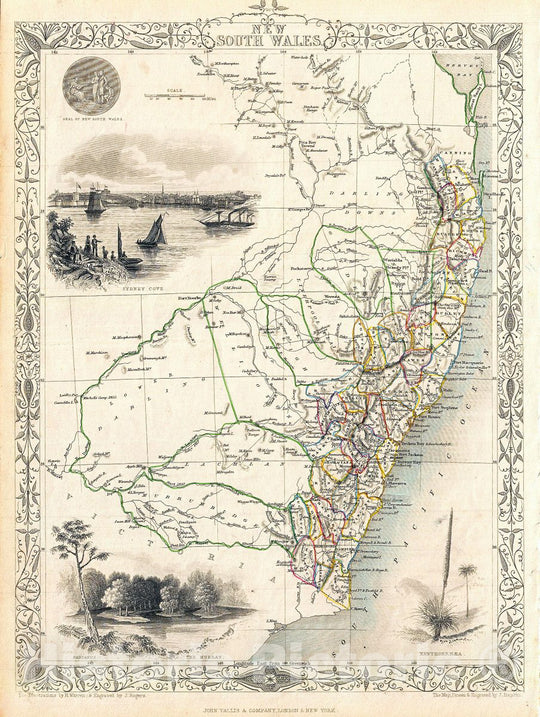 Historic Map : Tallis and Rapkin Map of New South Wales, Australia, 1851, Vintage Wall Art