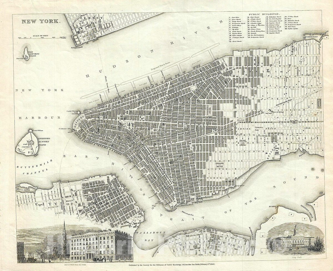 Historic Map : S.D.U.K. Subscriber's Edition Map or Plan of New York City, 1840, Vintage Wall Art