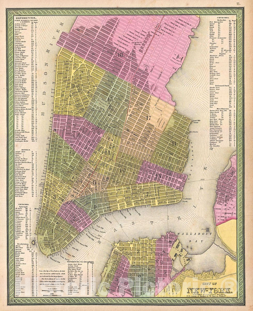 Historic Map : Mitchell Map of New York City, Version 2, 1849, Vintage Wall Art