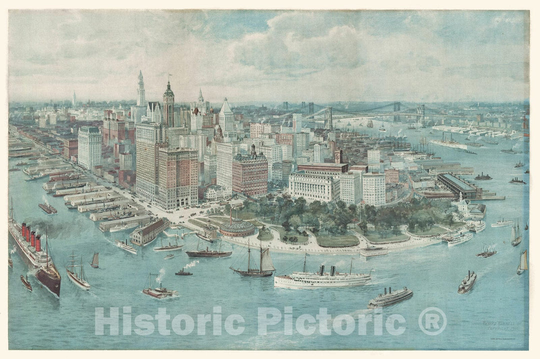 Historic Map : Richard Rummell Bird's Eye View of Lower Manhattan, New York City (Shows Titanic!), 1911, Vintage Wall Art