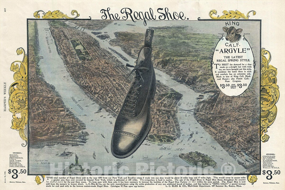 Historic Map : Regal Shoe View Map of New York City, 1898, Vintage Wall Art