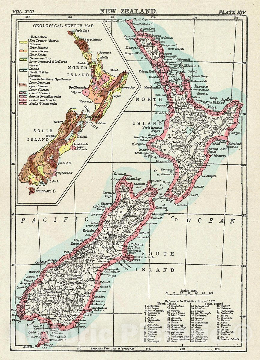 Historic Map : Encyclopedia Britannica Map of New Zealand, 1884, Vintage Wall Art