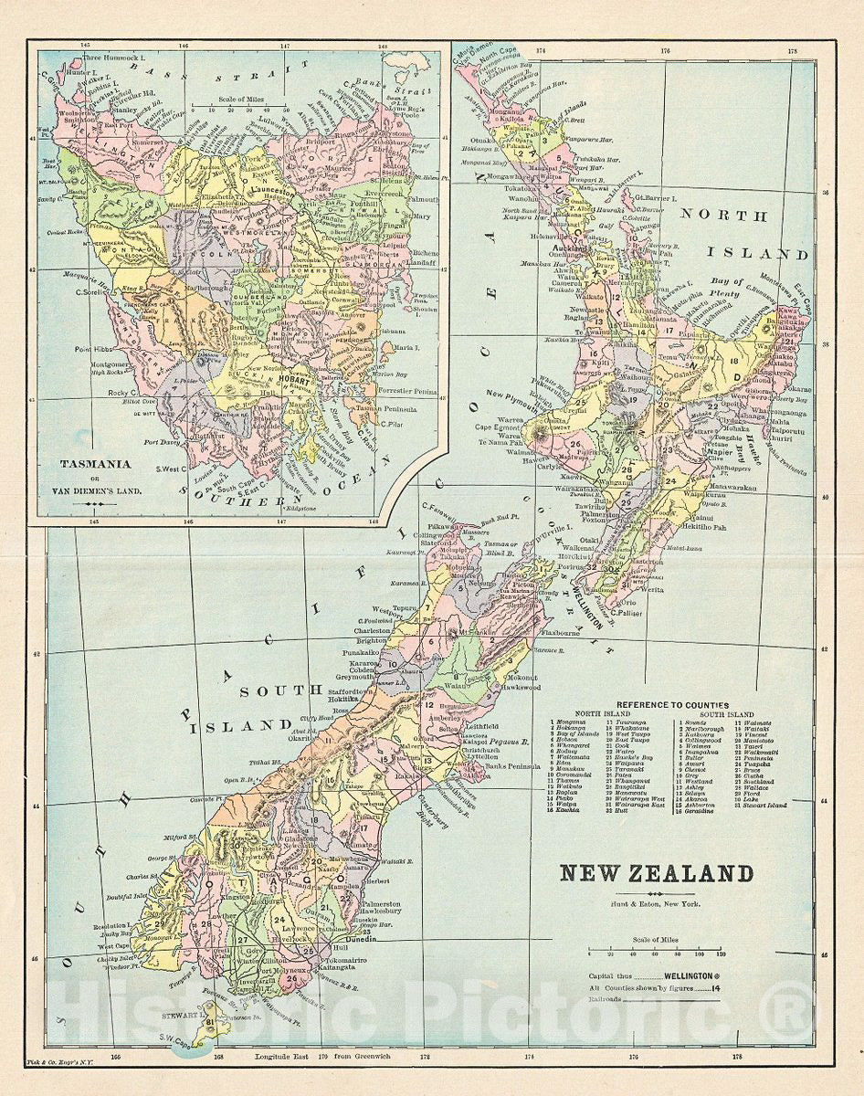 Historic Map : Hunt and Eaton Map of New Zealand, 1895, Vintage Wall Art