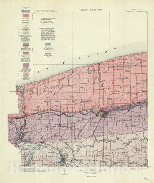 Historic Map : U.S. Geological Survey Areal Geology Map of Niagara County, New York (with Niagara Falls), 1913, Vintage Wall Art