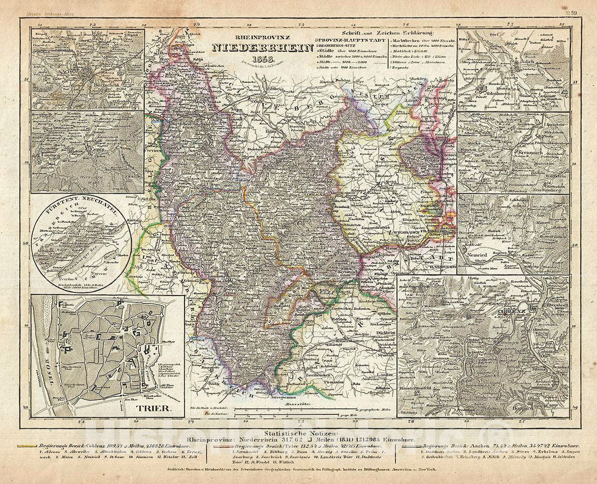 Historic Map : Meyer Map of The Lower Rhine Province, Germany, 1853, Vintage Wall Art