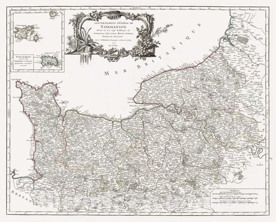 Historic Map : Vaugondy Map of Normandy, France, 1751, Vintage Wall Art