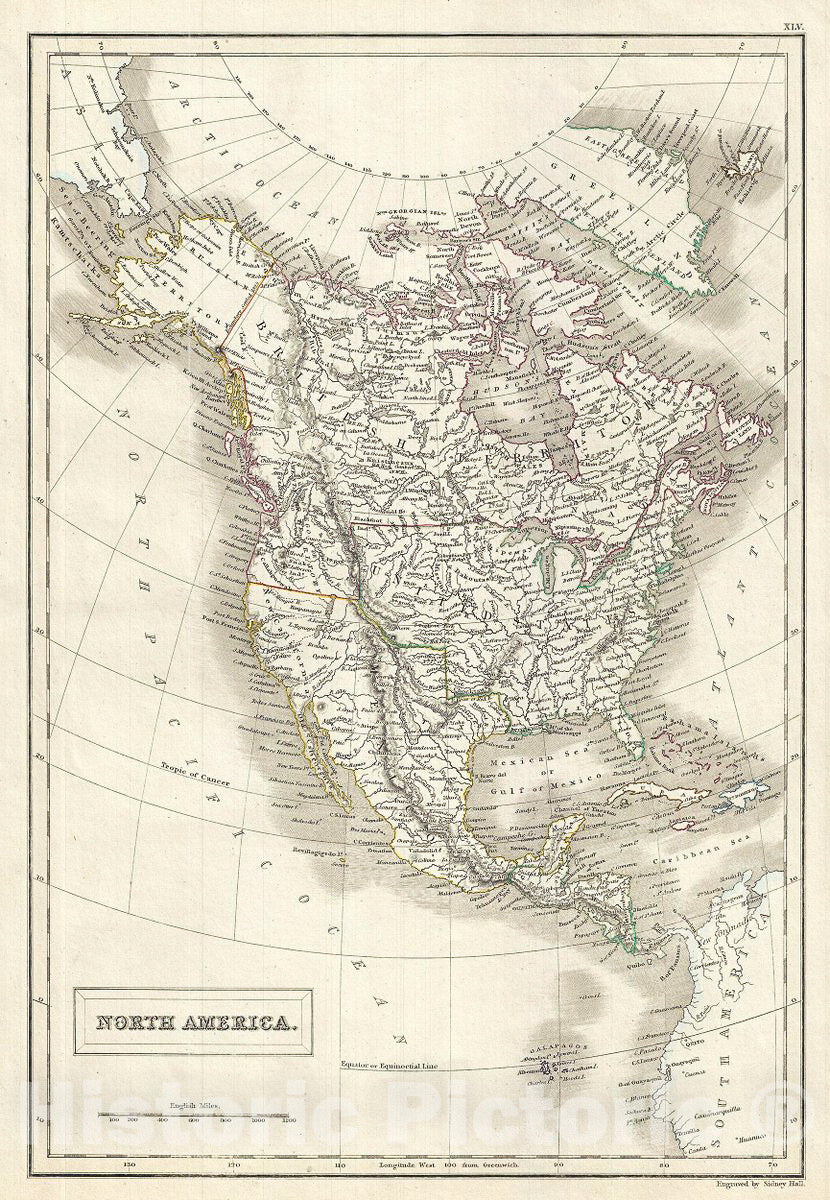 Historic Map : Black Map of North America and The United States, 1844, Vintage Wall Art