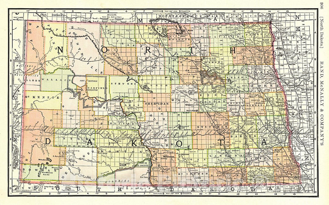 Historic Map : Rand McNally Antique Map of North Dakota, 1891, Vintage Wall Art