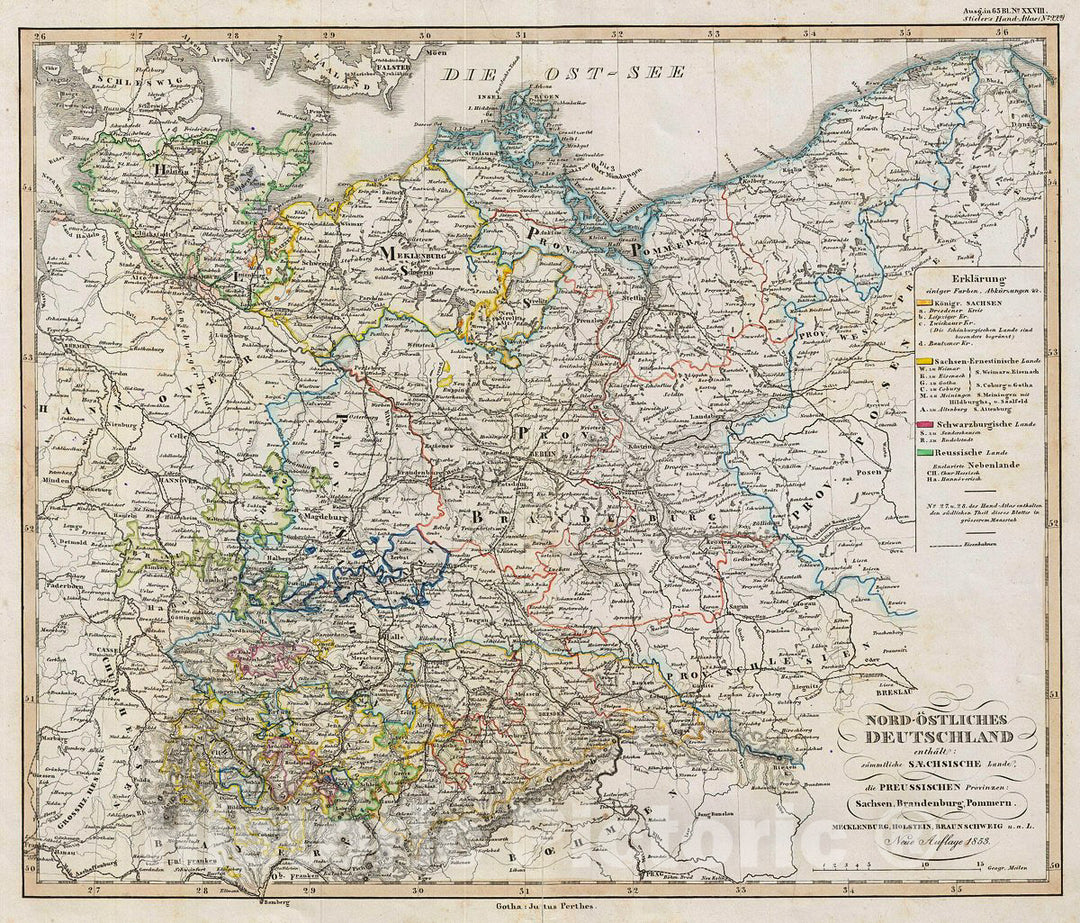 Historic Map : Perthes Antique Map of Northeastern Germany and Prussia, 1853, Vintage Wall Art