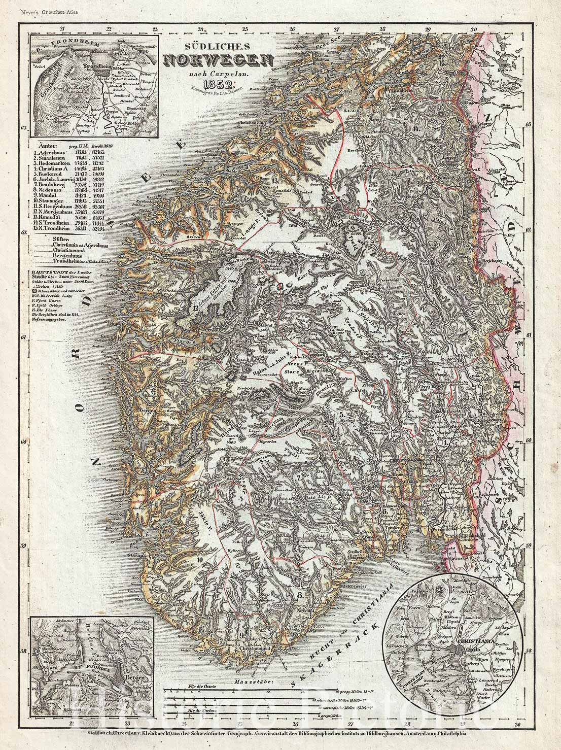 Historic Map : Meyer Map of Norway, 1852, Vintage Wall Art