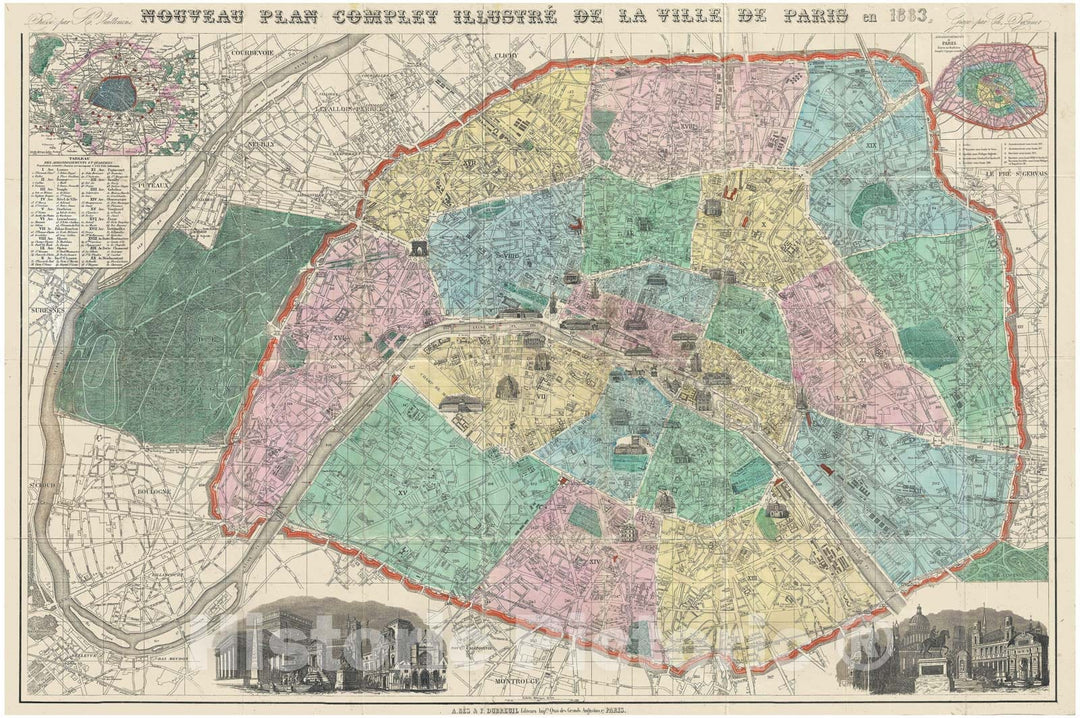 Historic Map : Vuillemin Map or City Plan of Paris, France, 1883, Vintage Wall Art