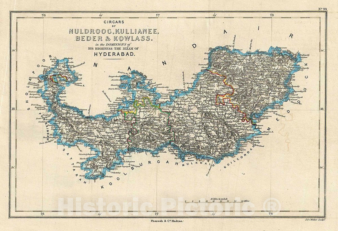 Historic Map : Pharoah Map of The Bidar and Osmanabad Districts in Telangana and Maharashtra, India, 1854, Vintage Wall Art