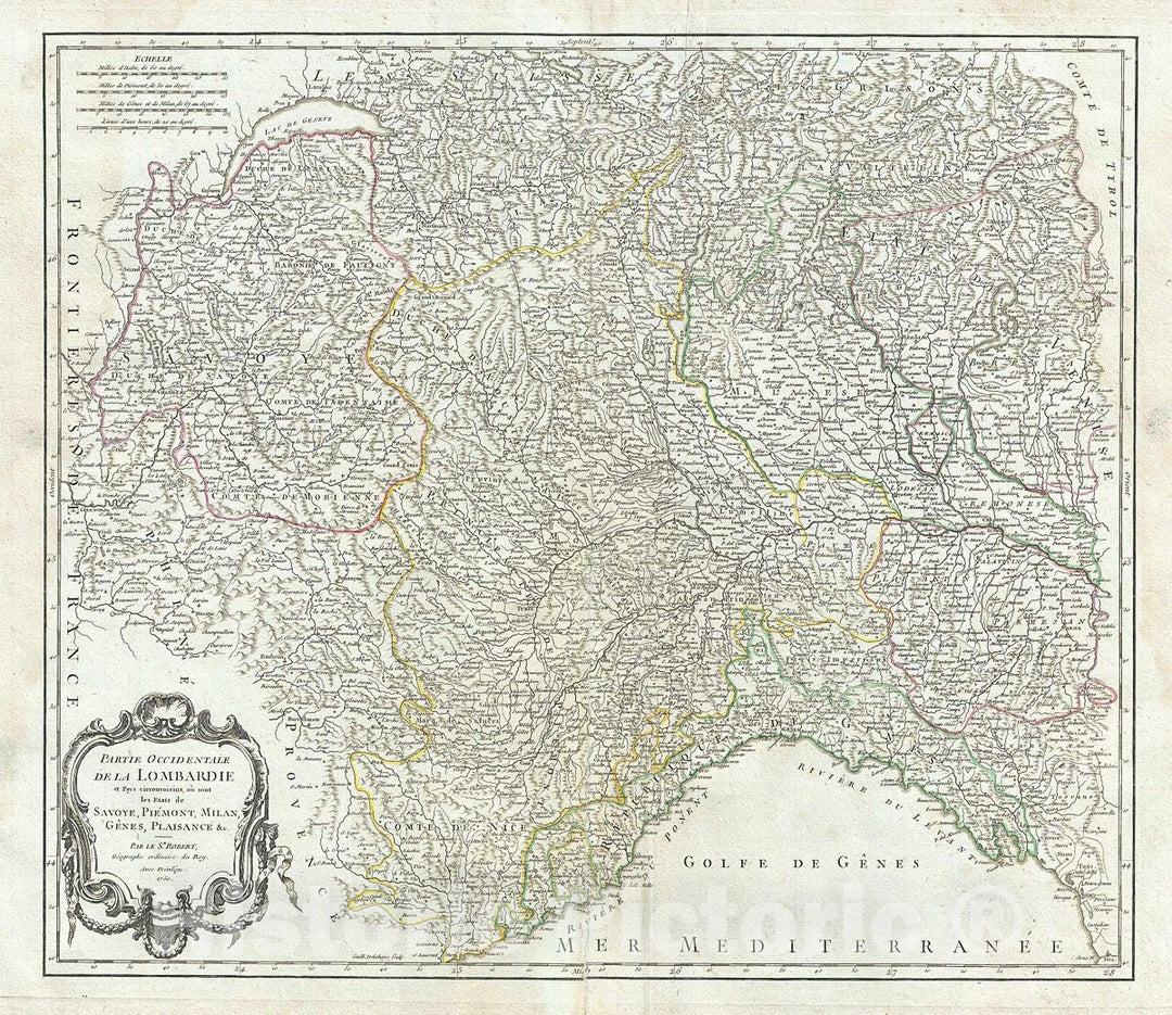 Historic Map : Vaugondy Antique Map of Western Lombardy w/Savoy, Piedmont and Milan, Italy, 1750, Vintage Wall Art