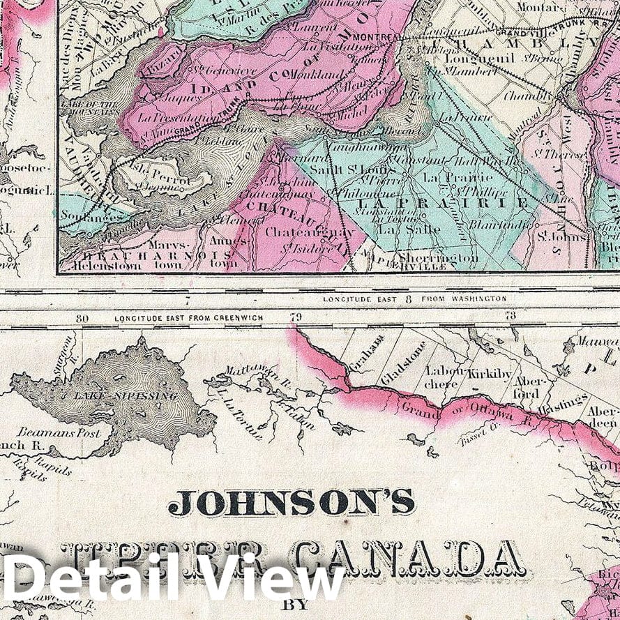 Historic Map : Johnson Map of Upper Canada, Lower Canada and New Brunswick, 1864, Vintage Wall Art