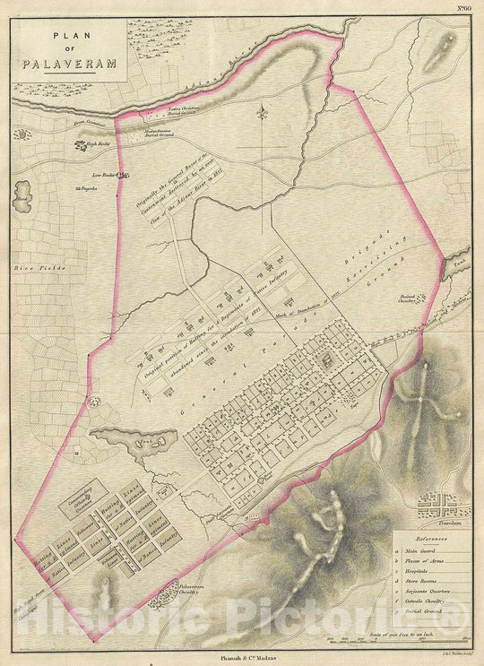 Historic Map : Pharoah Map or Plan of The Town of Pallavaram, Chennai, India, 1854, Vintage Wall Art