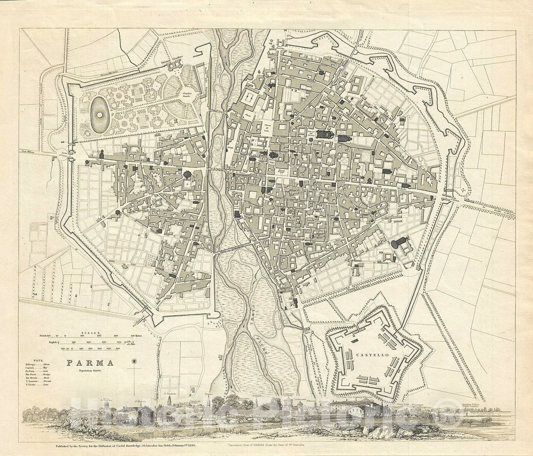 Historic Map : S.D.U.K. Subscriber's Edition Antique Map or Plan of Parma, Italy, 1840, Vintage Wall Art