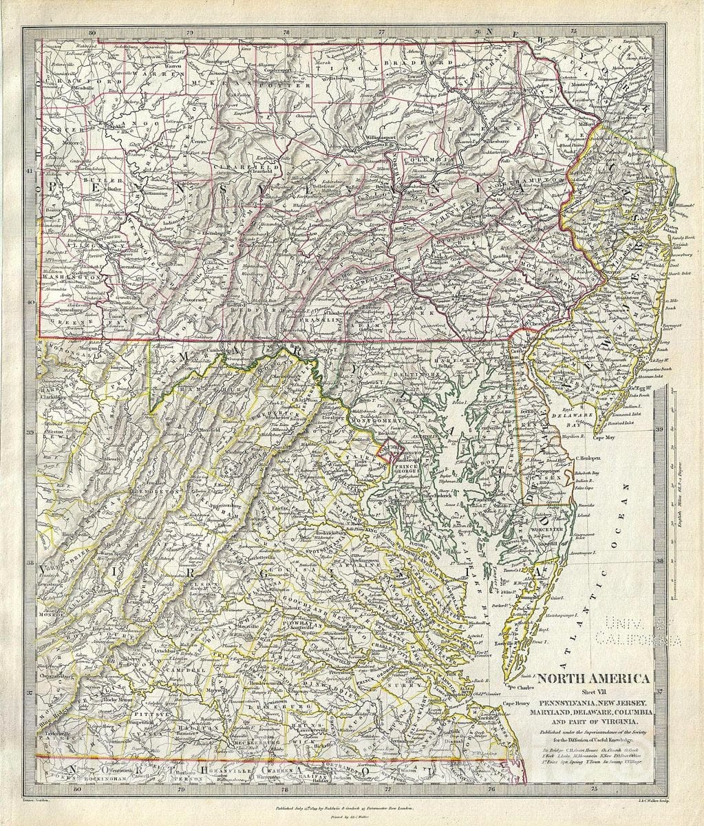 Historic Map : Pennsylvania, Virginia, Maryland, Delaware and New Jersey,S.D.U.K, 1833, Vintage Wall Art