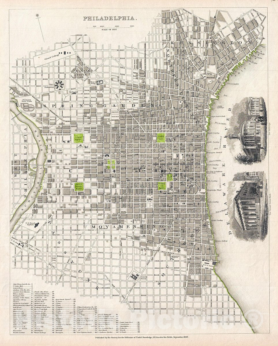 Historic Map : S.D.U.K. Map of Philadelphia, Pennsylvania, 1840, Vintage Wall Art