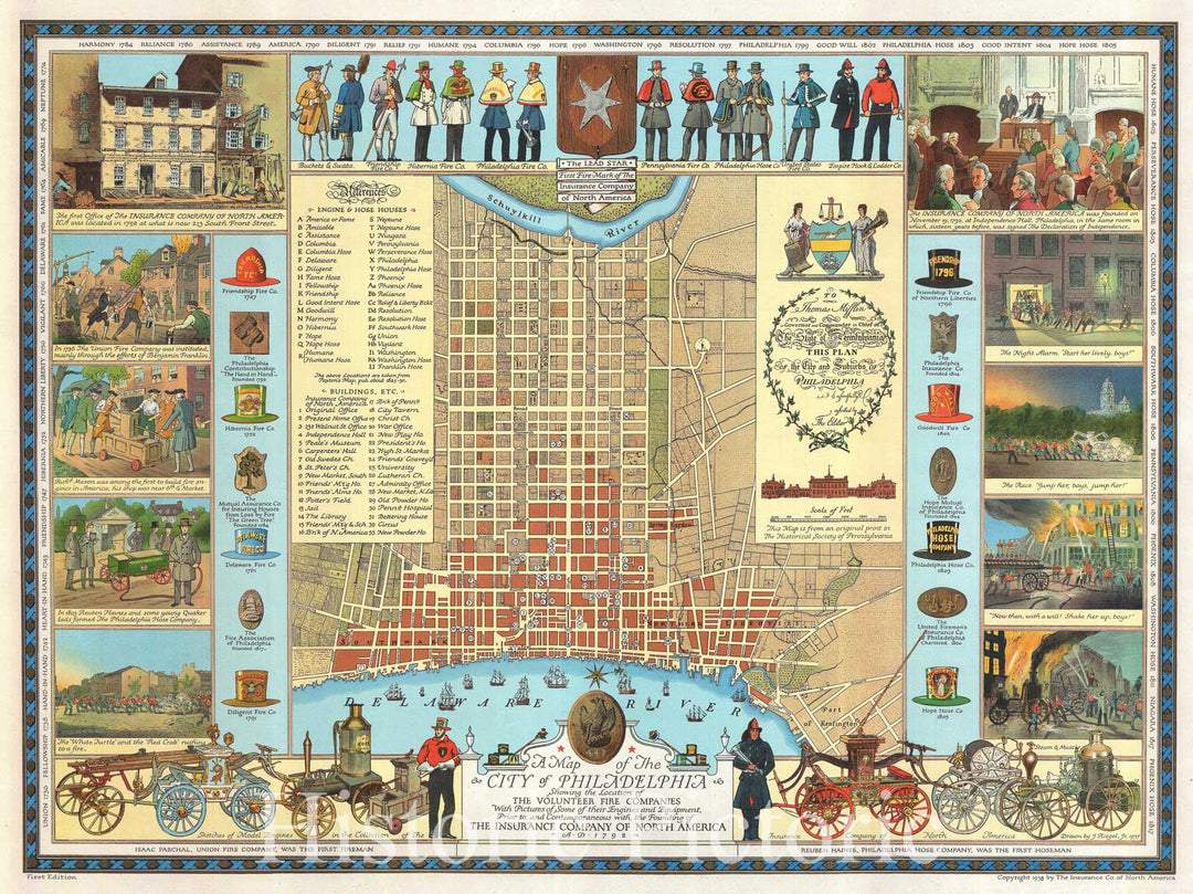 Historic Map : J. Riegel Pictorial Map of Philadelphia, Showing Fire Companies, 1838, Vintage Wall Art