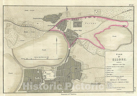 Historic Map : Pharoah Map or Plan of The City of Eluru in Andhra Pradesh, India, 1854, Vintage Wall Art