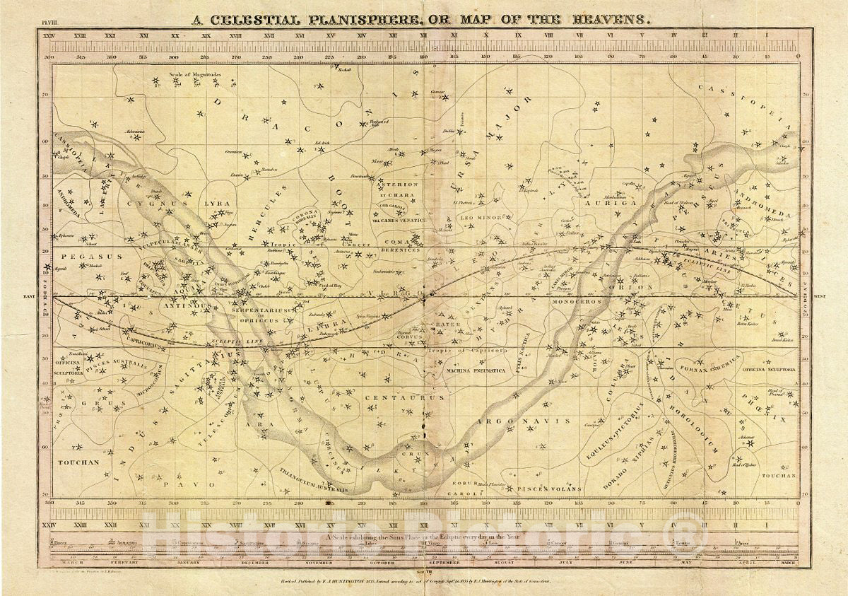 Historic Map : Burritt/Huntington Map of The Celestial Planisphere, 1835, Vintage Wall Art