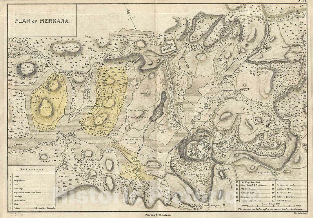 Historic Map : Pharoah Map or Plan of Madikeri or Mercara, Karnataka, India, 1854, Vintage Wall Art