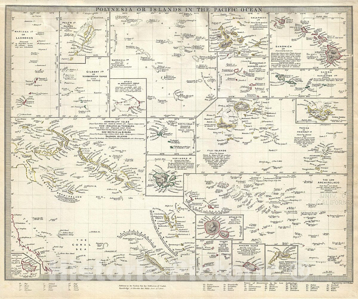 Historic Map : S.D.U.K. Map of Polynesia or The Islands in The Pacific Ocean, 1840, Vintage Wall Art