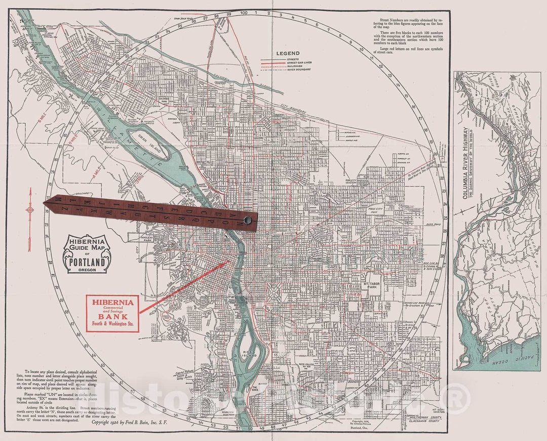 Historic Map : Fred Bain Guide Map of Portland, Oregon, 1926, Vintage Wall Art