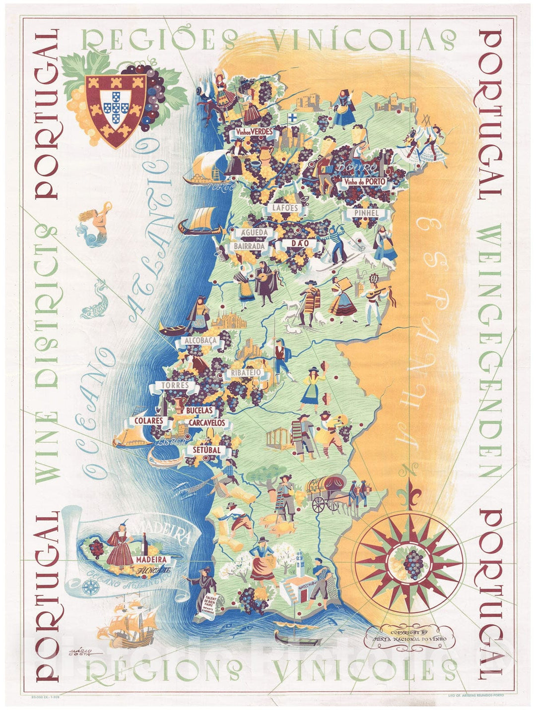 Historic Map : MaÌ?Rio Costa Pictorial Wine Map of Portugal, 1959, Vintage Wall Art