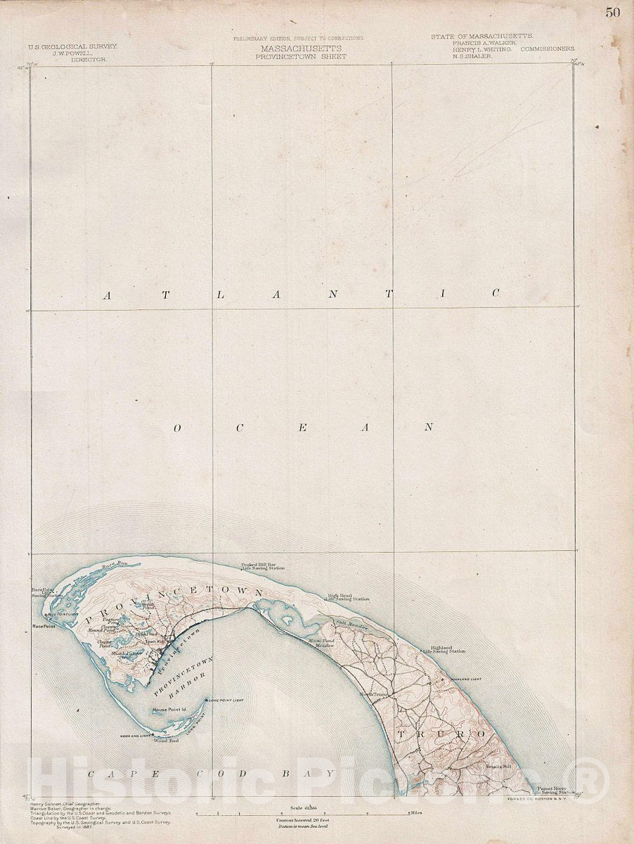 Historic Map : U. S. Geological Survey Chart or Map of Provincetown, Cape Cod, Massachusetts, 1890, Vintage Wall Art