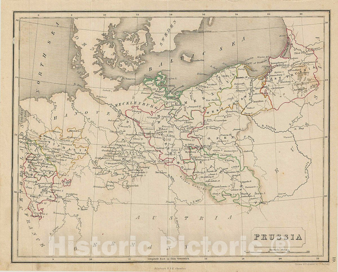 Historic Map : Chambers Map of Prussia, Germany, 1845, Vintage Wall Art