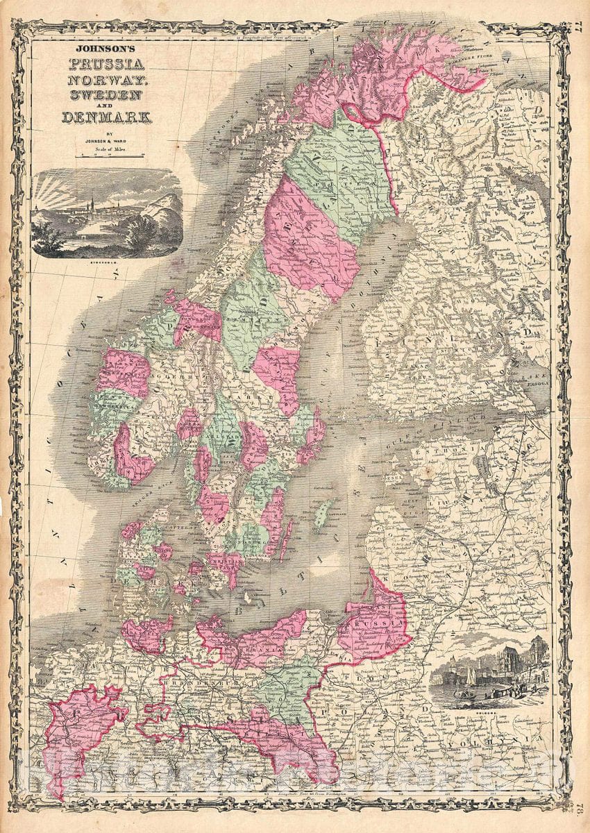 Historic Map : Johnson Map of Scandinavia (Norway, Sweden, Denmark) and Prussia, 1862, Vintage Wall Art