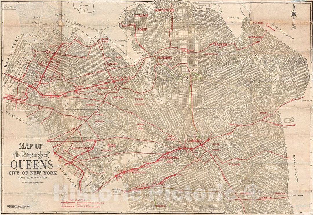 Historic Map : Interstate Map Company Map of Queens, New York, 1925, Vintage Wall Art