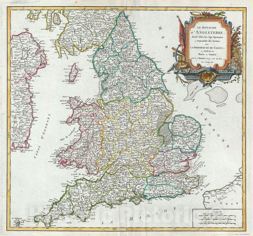 Historic Map : Vaugondy Antique Map of England and Wales, 1753, Vintage Wall Art