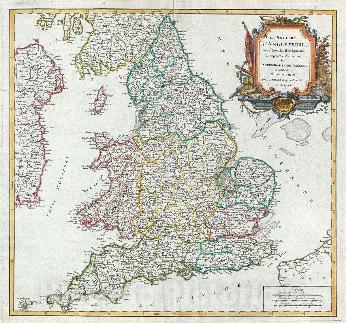 Historic Map : Vaugondy Antique Map of England and Wales, 1753, Vintage Wall Art