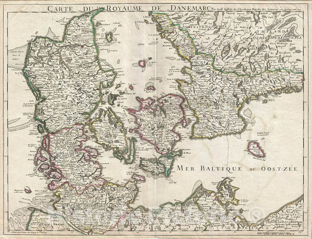 Historic Map : Delisle Map of Denmark, 1710, Vintage Wall Art