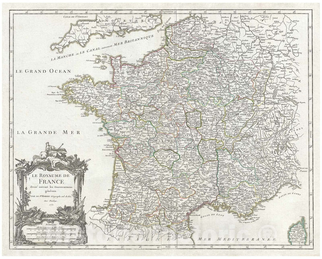 Historic Map : Vaugondy Map of France, 1750, Vintage Wall Art