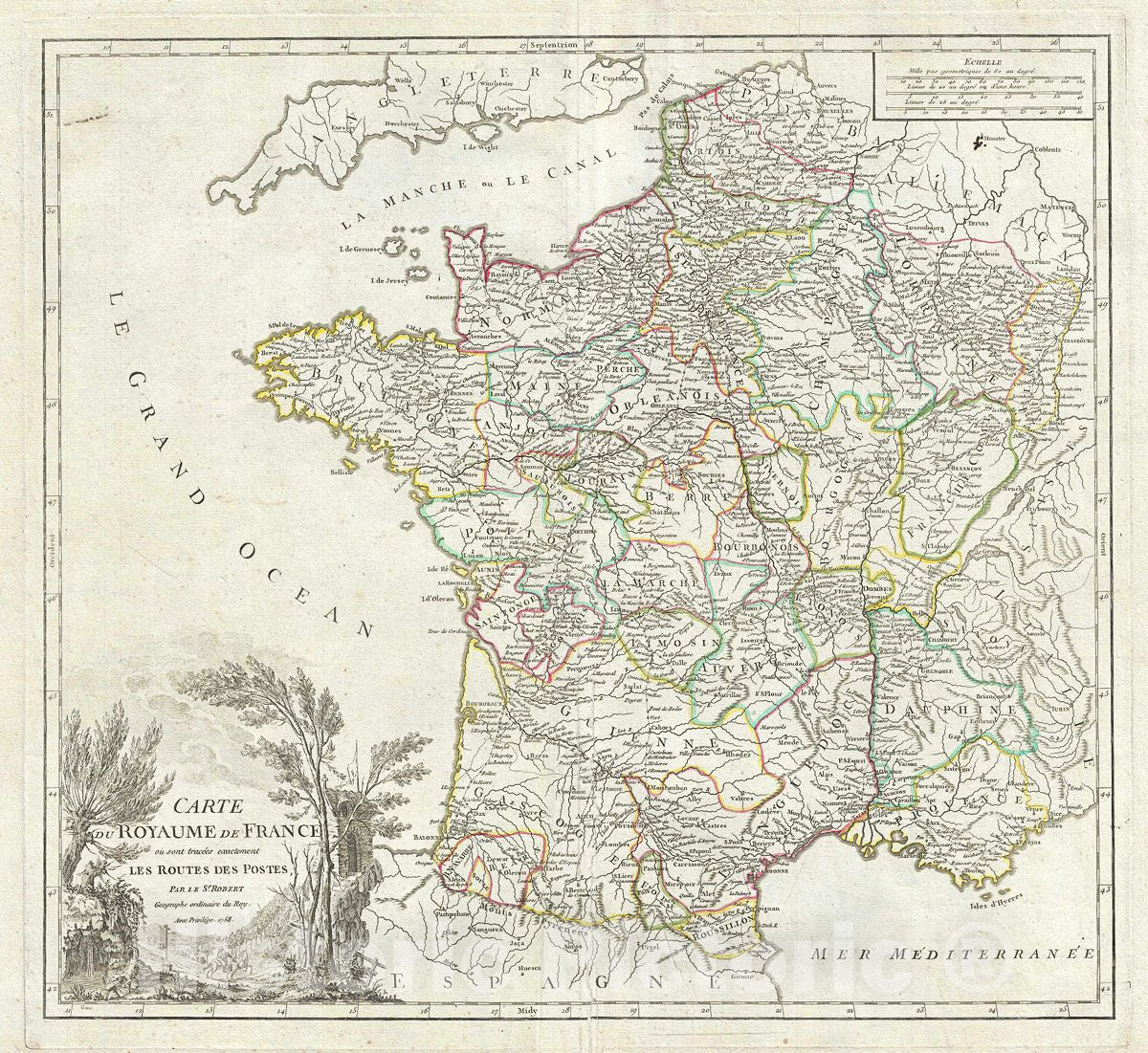 Historic Map : Vaugondy Antique Map of France w/Postal Routes, 1758, Vintage Wall Art