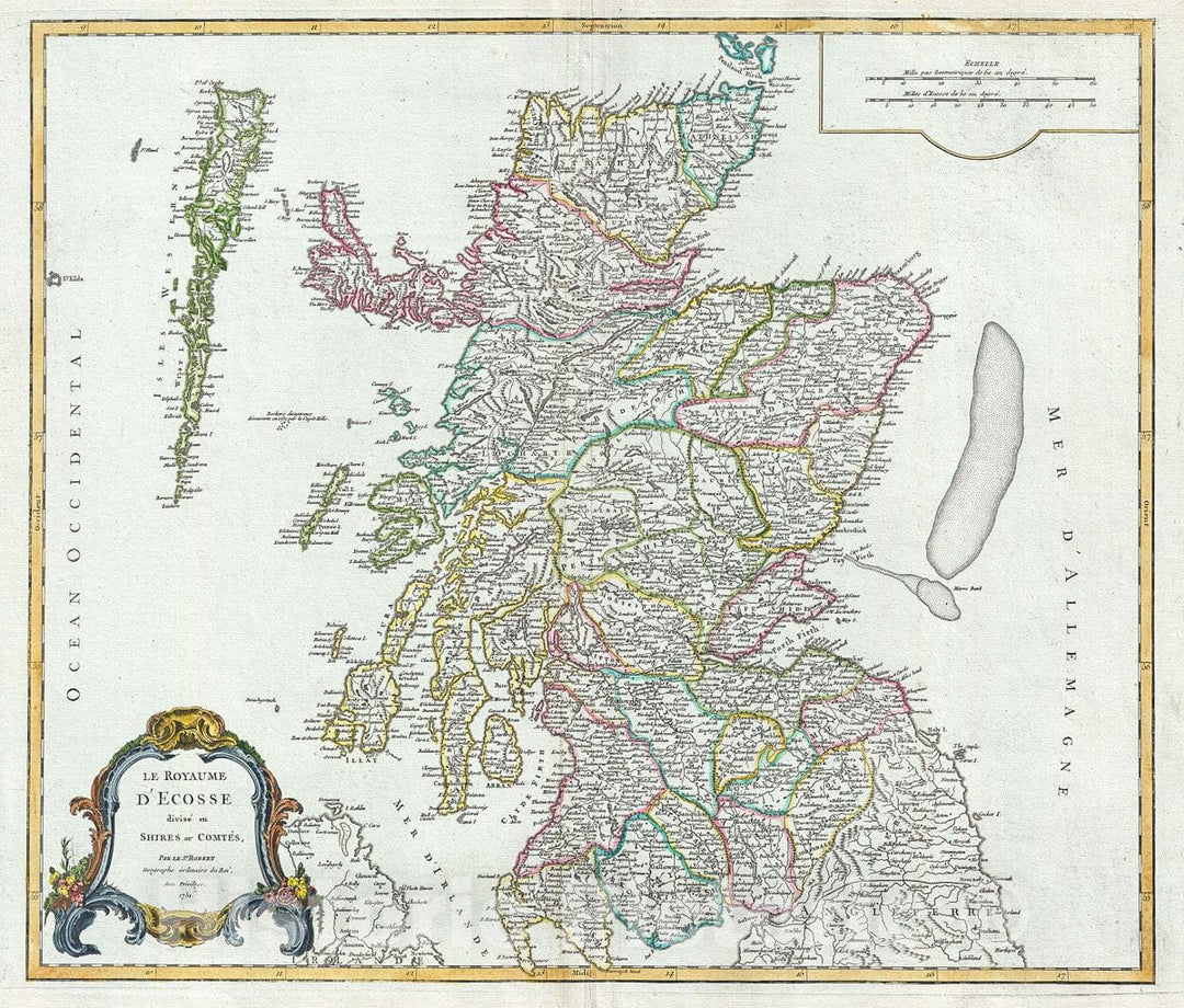 Historic Map : Vaugondy Antique Map of Scotland, 1751, Vintage Wall Art