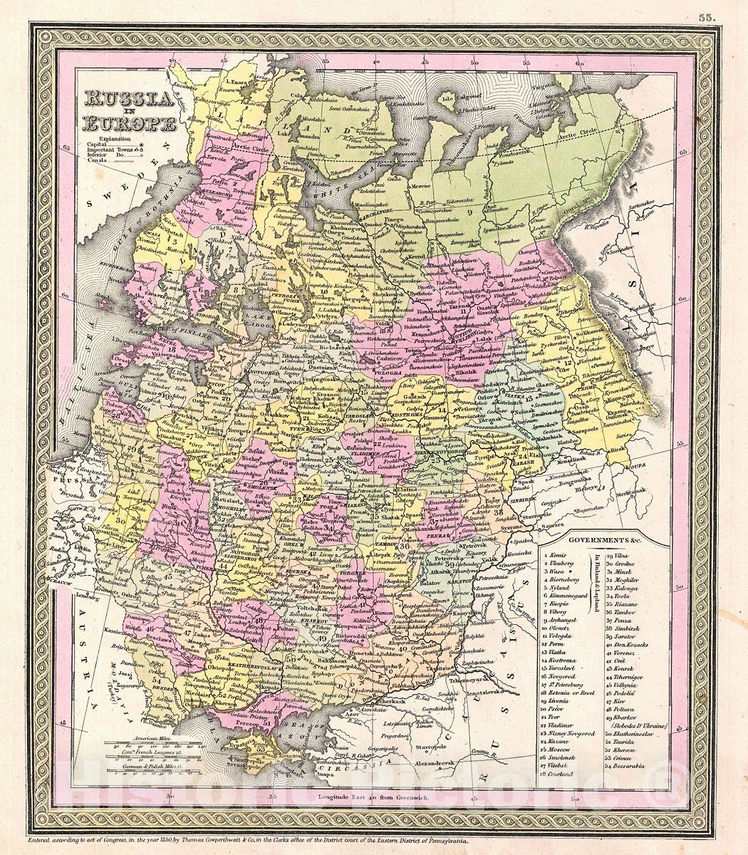 Historic Map : Mitchell Antique Map of Russia, 1854, Vintage Wall Art