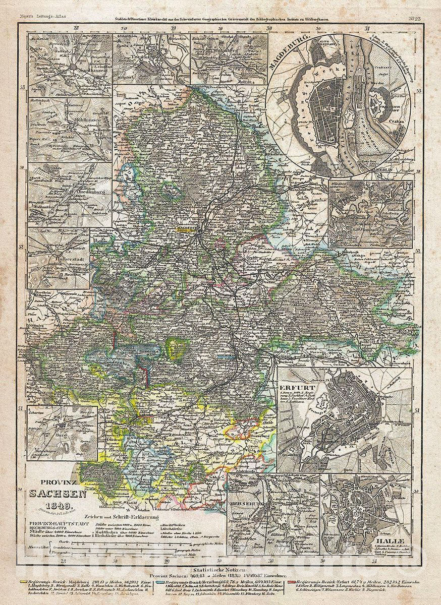 Historic Map : Meyer Map of The Province of Saxony, Germany, 1849, Vintage Wall Art