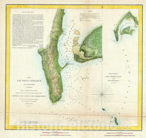 Historic Map : U.S. Coast Survey Chart or Antique Map of San Diego Bay and Los Coronados, 1851, Vintage Wall Art