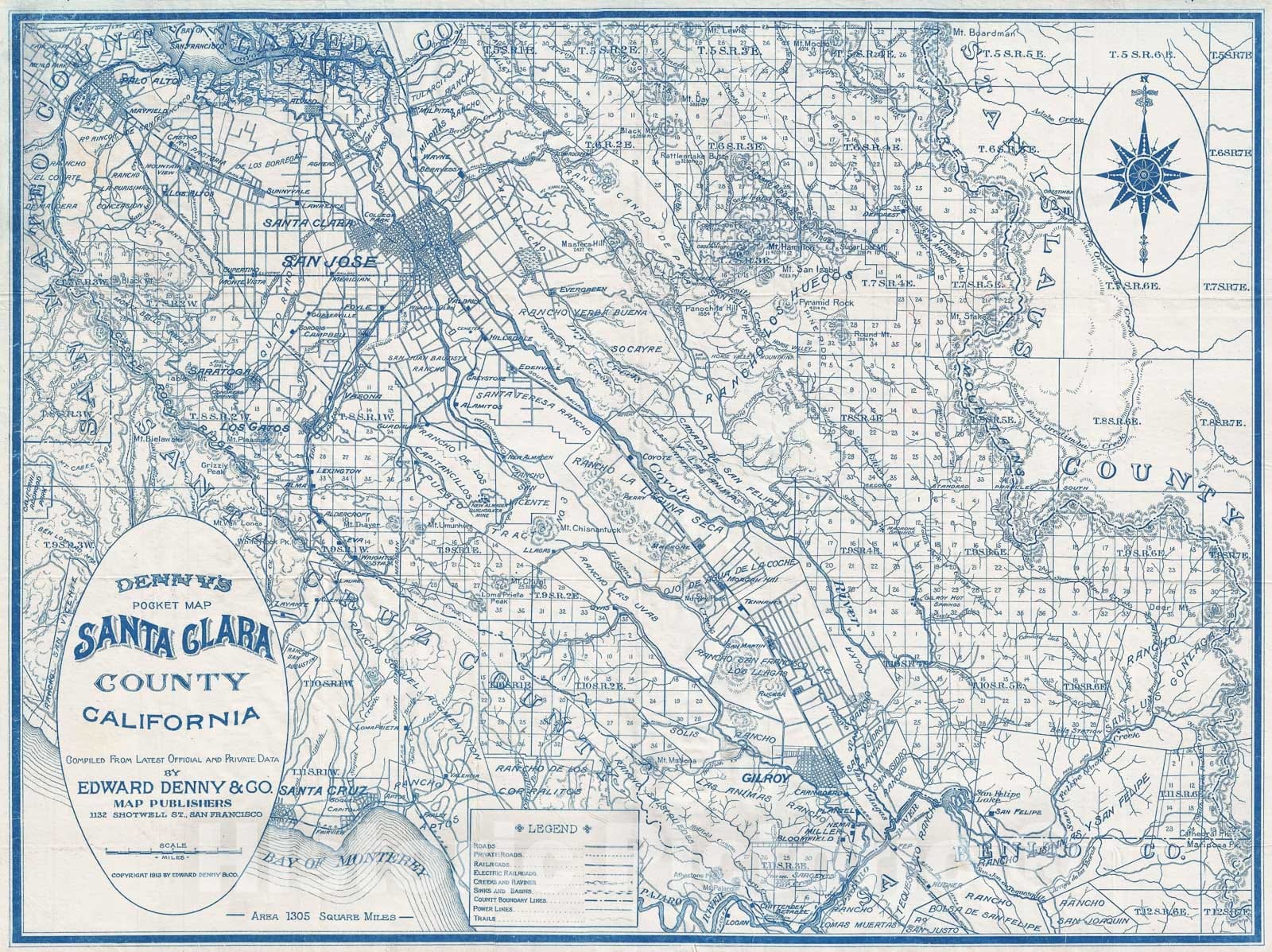 Historic Map : Denny and Co. Pocket Map of Santa Clara County, California, 1913, Vintage Wall Art