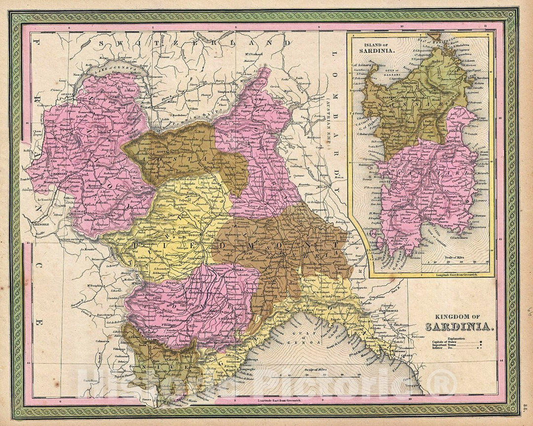 Historic Map : Mitchell Map of Italy: Kingdom of Sardinia and Piedmont, 1849, Vintage Wall Art