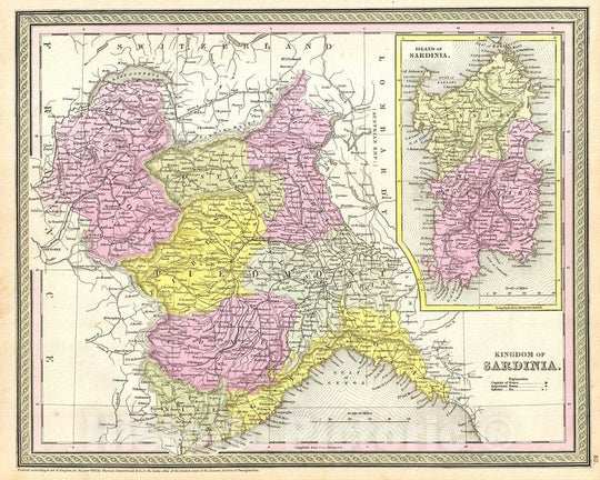 Historic Map : Mitchell Map of Italy: Kingdom of Sardinia and Piedmont, Version 2, 1854, Vintage Wall Art