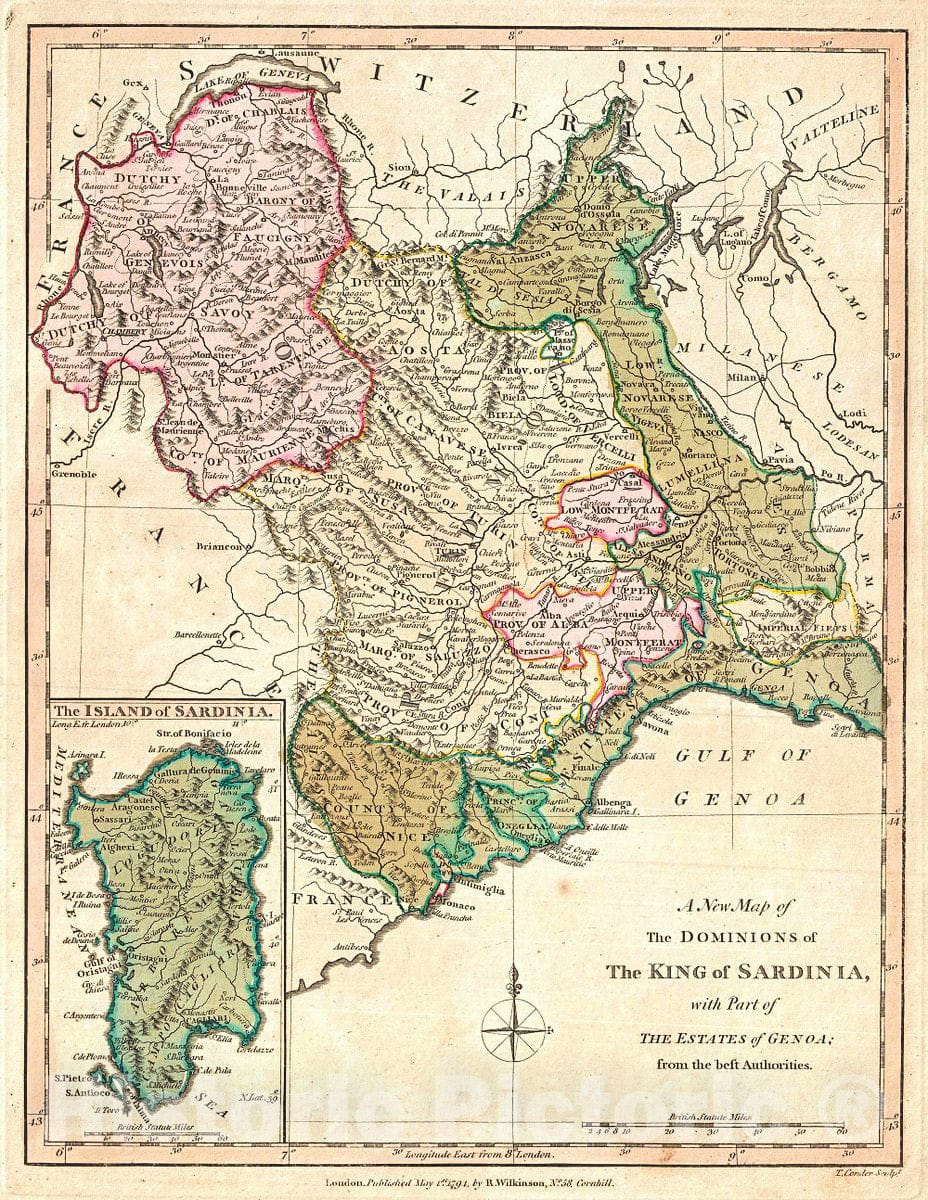 Historic Map : Wilkinson Map of Sardinia dn Piedmont, Italy, 1794, Vintage Wall Art